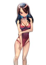 1girl absurdres bare_shoulders black_hair blush breasts choker cleavage closed_mouth covered_navel emutsuichi hair_over_one_eye highres long_hair looking_at_viewer medium_breasts navel one-piece_swimsuit original purple_eyes red_choker red_one-piece_swimsuit simple_background smile solo standing swimsuit white_background