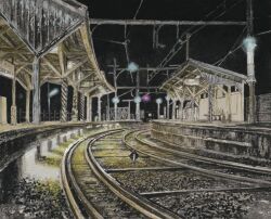 absurdres bench building dark highres night night_sky no_humans original overhead_line painting_(medium) railroad_signal railroad_tracks scenery shadow shelter sky tanamachi_yoshihiro track_ballast traditional_media train_station train_station_platform window