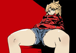 1girl bad_id bad_pixiv_id blonde_hair braid club3 cutoffs denim denim_shorts fate/grand_order fate_(series) female_focus frown graphite_(medium) green_eyes half_up_braid hands_in_pockets highres jacket looking_at_viewer mordred_(fate) mordred_(fate/apocrypha) mordred_(memories_at_trifas)_(fate) red_background scowl shorts solo spread_legs thick_thighs thighs traditional_media