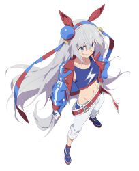 Rule 34 | 1girl, absurdres, animal ears, belt, blue eyes, breadrye, collarbone, crop top, fingerless gloves, gloves, grey hair, grin, groin, highres, horse ears, horse girl, horse tail, jacket, long hair, midriff, navel, pants, shoes, simple background, smile, sneakers, solo, tail, tamamo cross (umamusume), umamusume, very long hair, white background
