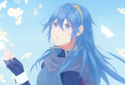 1girl :o blue_eyes blue_gloves blue_hair brand_of_the_exalt fingerless_gloves fire_emblem fire_emblem_awakening flower gloves hair_between_eyes highres kyashii_(cathyyy_illust) long_hair lucina_(fire_emblem) nintendo open_mouth solo symbol_in_eye tiara twitter_username upper_body