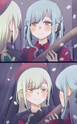 2girls bang_dream! bang_dream!_it&#039;s_mygo!!!!! black_ribbon blue_hair closed_mouth collared_shirt commentary_request confetti earrings electric_guitar green_hair guitar hair_ribbon hat highres holding holding_guitar holding_instrument instrument jewelry long_hair mortis_(bang_dream!) mortis_(costume)_(bang_dream!) multiple_girls nago_(hasakimati) oblivionis_(bang_dream!) red_hat red_shirt ribbon shirt smile togawa_sakiko two_side_up wakaba_mutsumi yellow_eyes
