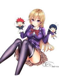 0_0 10s 1boy 2girls absurdres bad_id bad_pixiv_id blonde_hair blue_hair blush bow bowtie braid breasts chibi dated highres large_breasts long_hair long_sleeves looking_at_viewer multiple_girls nakiri_erina o_o open_mouth purple_eyes red_hair scared school_uniform shokugeki_no_souma signature sitting smile tadokoro_megumi thighhighs twin_braids wavy_mouth wide-eyed yukihira_souma zettai_ryouiki