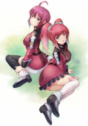 Rule 34 | 2girls, agnes giebenrath, ahoge, ass, black thighhighs, blue eyes, blush, breasts, compass uniform, eyeshadow, grass, gundam, gundam seed, gundam seed freedom, hair ornament, highres, jacket, lipstick, long hair, long sleeves, looking at viewer, lunamaria hawke, makeup, medium breasts, military uniform, miniskirt, multiple girls, open mouth, pariya 0001, pink eyeshadow, pink hair, purple eyes, red hair, red jacket, red lips, short hair, sitting, skirt, smile, thighhighs, thighs, twintails, white background, white thighhighs