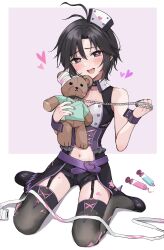 1girl absurdres aburi-gatana antenna_hair belt black_eyes black_hair black_shoes black_shorts black_thighhighs blush chain clothing_cutout concept_take_care_(idolmaster) full_body garter_straps hat heart heart-shaped_pupils highres holding holding_chain holding_stuffed_toy holding_teddy_bear idolmaster idolmaster_(classic) idolmaster_million_live! idolmaster_million_live!_theater_days kikuchi_makoto long_hair looking_at_viewer navel navel_cutout nurse nurse_cap official_alternate_costume open_mouth purple_belt purple_wrist_cuffs shoes short_hair shorts simple_background sitting solo stuffed_animal stuffed_toy symbol-shaped_pupils syringe teddy_bear thighhighs wrist_cuffs