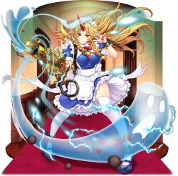 1girl alternate_costume alternate_hairstyle apron back_bow blonde_hair blue_dress blue_shoes bow bowtie braid breasts chain chocolate closed_mouth cuffs dress enmaided frilled_dress frills full_body game_cg ghost green_bow hair_bow highres holding horns hoshiguma_yuugi hoshiguma_yuugi_(vengeful_spirit_cleaner_maid) indoors long_hair looking_at_viewer maid maid_headdress mary_janes official_art oni pointy_ears puffy_short_sleeves puffy_sleeves red_bow red_bowtie red_carpet red_eyes red_horns red_nails rotte_(1109) shackles shoes short_sleeves side_braids single_horn smile solo standing thighhighs third-party_source touhou touhou_lostword transparent_background twin_braids very_long_hair white_apron white_bow white_thighhighs