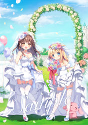 2girls age_difference arch blonde_hair blue_bow blue_eyes blue_hair bow braid bridal_veil brown_eyes brown_hair cloud commentary_request day detached_sleeves dress floral_arch flower frilled_dress frills garter_straps high_heels layered_dress long_hair multiple_girls onee-loli original outdoors pan_(mimi) petals pink_flower pink_rose pleated_dress puffy_short_sleeves puffy_sleeves rose sample_watermark see-through_clothes shoes short_sleeves single_braid skindentation skirt_hold standing standing_on_one_leg strapless strapless_dress stuffed_animal stuffed_rabbit stuffed_toy thighhighs two_side_up veil watermark wedding_dress white_dress white_flower white_footwear white_legwear white_rose white_sleeves wife_and_wife yuri