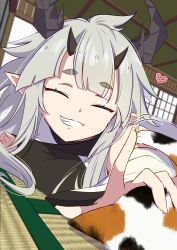 1girl :d arknights bare_shoulders calico cat closed_eyes greyscale grin heart highres horns indoors kyuu_(ost) lying matoimaru_(arknights) monochrome on_floor on_stomach open_mouth parted_bangs petting pointy_ears smile solo tatami