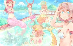 6+girls bikini breasts brown_hair cleavage grey_hair kunikida_hanamaru kurosawa_ruby looking_at_viewer love_live! love_live!_sunshine!! mermaid monster_girl multiple_girls navel nekokun notebook orange_hair partially_submerged pool red_hair sakurauchi_riko shell shell_bikini takami_chika tsushima_yoshiko watanabe_you water