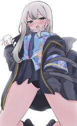1girl :d bag black_jacket black_panties black_skirt black_socks blue_archive blue_necktie blue_shirt blush breasts commentary_request cup disposable_cup grey_eyes grey_hair hawaiian_shirt highres holding holding_cup jacket kneeling konoka_(blue_archive) kujou_karasuma long_sleeves mask mask_pull medium_breasts mouth_mask necktie off_shoulder open_clothes open_jacket open_mouth panties panties_peek pleated_skirt puffy_long_sleeves puffy_sleeves school_bag shirt simple_background skirt sleeves_past_wrists smile socks solo surgical_mask teabag underwear upskirt white_background