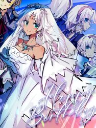 Rule 34 | 1boy, 1girl, 25ocoveryui, absurdres, ascot, bare shoulders, blonde hair, breasts, bridal veil, coat, detached sleeves, dress, earrings, eiyuu densetsu, eyepatch, green eyes, grey hair, happy birthday, highres, hoop earrings, jewelry, looking at viewer, olivert reise arnor, one eye closed, out of frame, scherazard harvey, sen no kiseki, sen no kiseki (series), sen no kiseki iv, strapless, strapless dress, veil, wedding dress, white coat, white dress