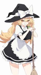 1girl absurdres apron black_dress black_hat blonde_hair blush bow braid broom diieru dress green_bow grin hair_between_eyes hair_bow hat highres holding holding_broom kirisame_marisa long_hair looking_at_viewer short_sleeves single_braid smile solo touhou white_apron witch witch_hat yellow_eyes