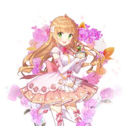 1girl blonde_hair blunt_bangs dress elbow_gloves flower frilled_dress frills gift gloves gold_tiara green_eyes holding holding_gift lina_princella long_hair multicolored_dress multicolored_gloves pink_dre pink_flower pink_gloves pink_ribbon pink_rose ribbon rose salt_(salty) thighhighs uchi_no_hime-sama_ga_ichiban_kawaii very_long_hair white_dress white_thighhighs