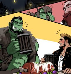 2boys abs bara beard beer_mug blush celebration colored_skin couple cup dopey_(dopq) facial_hair fangs fantasy food green_skin grey_hair highres interspecies jewelry male_focus mature_male meat monster_boy mug multicolored_hair multiple_boys muscular muscular_male necklace orc original paid_reward_available scar scar_across_eye scar_on_face scar_on_nose short_hair size_difference stomach streaked_hair thick_eyebrows warrior