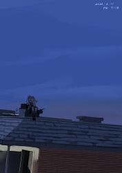 1girl 360_(taiyo360) absurdres angelina_(arknights) animal_ears arknights arm_rest black_shirt black_shorts blue_sky box brown_hair dated fox_ears fox_girl highres house jacket long_hair night on_roof open_clothes open_jacket outdoors shirt shoes shorts sitting sitting_on_object sky sneakers solo timestamp twintails wide_shot