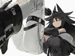 1girl :3 amrkdrw arm_up ass belt black_belt black_boots black_gloves black_hair black_jacket black_shirt boots breasts chain closed_mouth cropped_shirt denim fang fang_out feet_out_of_frame foreshortening from_side fundamental_paper_education gloves hair_between_eyes hair_horns half-closed_eyes highres holding invisible_floor jacket jeans knees_up large_breasts long_hair looking_at_viewer lying midriff miss_circle_(fundamental_paper_education) navel o-ring o-ring_belt off_shoulder oreo pants sanpaku shirt simple_background single_bare_shoulder sleeveless sleeveless_shirt smug solo thigh_belt thigh_strap torn_clothes torn_jeans torn_pants white_background white_pants