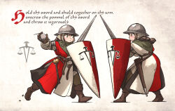 2girls armor balance_scale_print belt boots braid brown_hair english_text full_body gambeson gloves helmet highres holding holding_weapon ironlily kettle_helm kite_shield long_hair medieval multiple_girls ordo_mediare_sisters_(ironlily) scabbard sheath single_braid_sister_(ironlily) standing surcoat sword twin_braids_sister_(ironlily) weapon