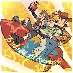 Rule 34 | 3boys, adjusting clothes, adjusting headwear, animal print, arm up, bandana, bandana around neck, belt, belt buckle, black boots, black pants, blue eyes, blue pants, boots, brown belt, brown boots, brown hair, brown hat, buckle, buzz lightyear, cellphone, cleft chin, commentary request, cow print, cowboy boots, cowboy hat, cropped vest, doll joints, english text, full body, grey jacket, happy, hat, holding, holding phone, jacket, joints, kingdom hearts, kingdom hearts iii, light blush, long sleeves, looking up, male focus, multiple boys, official alternate costume, one eye closed, open clothes, open jacket, open mouth, orange shirt, pants, phone, plaid clothes, plaid shirt, red bandana, red shirt, riding, rocket, ryouto, salute, selfie, sheriff woody, shirt, short hair, smartphone, smile, sora (kingdom hearts), spacesuit, spiked hair, star (symbol), thick eyebrows, toy story, two-finger salute, v, vest, wing collar, yellow background