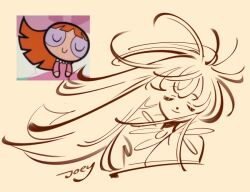 Rule 34 | 1girl, blossom (ppg), blunt bangs, closed eyes, comfeer, derivative work, floating hair, long hair, orange hair, pajamas, pink pajamas, powerpuff girls, screenshot redraw, smile