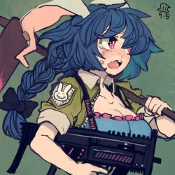1girl alternate_costume animal_ears animal_print artist_logo black_bow blue_dress blue_hair bow braid breasts cleavage clothes_writing commentary_request crying crying_with_eyes_open dated dress earclip green_background green_jacket gun hair_bow hammer holding holding_gun holding_hammer holding_weapon insignia jacket kine logo long_hair maaru_(akira428) mallet medium_breasts one-hour_drawing_challenge purple_eyes rabbit_ears rabbit_print runny_nose seiran_(touhou) sleeves_rolled_up snot solo tears touhou twin_braids upper_body wavy_eyes wavy_mouth weapon