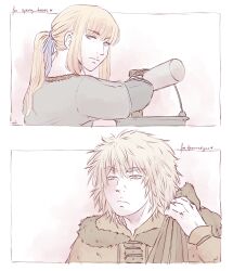 2boys absurdres androgynous blonde_hair blue_eyes brown_eyes canute carrying carrying_over_shoulder closed_mouth cooking cooking_pot eyebrows eyebrows_hidden_by_hair fur_trim heart highres holding kaizokunoyume male_focus messy_hair multiple_boys nostrils panels ponytail prince signature thorfinn upper_body viking vinland_saga