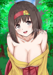 1girl bare_shoulders black_eyes black_hair blush breasts cleavage erika_(pokemon) forest hairband highres japanese_clothes kimono large_breasts leaning_forward looking_at_viewer nature nintendo off_shoulder open_mouth pokemon pokemon_frlg pokemon_lgpe red_hairband red_skirt sidelocks skirt yellow_kimono yuzuki_kn