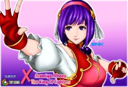 1girl asamiya_athena breasts dress female_focus gloves hairband hand_up large_breasts pale_skin purple_eyes purple_hair short_hair smile star_(symbol) terry_kusanagi terrykusanagi the_king_of_fighters