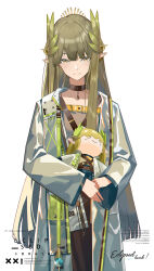 1girl absurdres arknights belt_collar brown_eyes closed_mouth coat collar commentary_request cowboy_shot fumo_(doll) green_hair highres holding long_coat long_hair looking_at_viewer mogamigawa_(mwft8758) mole mole_under_eye muelsyse_(arknights) pointy_ears simple_background solo straight-on white_background white_coat