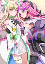 2girls bare_shoulders black_gloves blonde_hair blunt_bangs blush braid closed_mouth cure_kiss cure_zukyuun dress earrings facing_another fortissimo frilled_dress frilled_skirt frills gingham_dress gingham_shirt gloves gradient_background gradient_hair hair_ornament hair_ribbon hair_wings highres holding_hands itsuki_keiichi jewelry kimi_to_idol_precure kneehighs looking_at_another looking_to_the_side multicolored_hair multiple_girls musical_note musical_note_hair_ornament parted_bangs pink_hair precure purple_eyes red_eyes ribbon single_bare_shoulder single_kneehigh single_sock skirt socks twin_braids twintails wing_hair_ornament wrist_cuffs