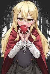 1girl @_@ absurdres apple blonde_hair blush borrowed_character cloak commission covered_mouth cowboy_shot double-parted_bangs food forest fruit grey_skirt grey_vest hair_between_eyes half-closed_eyes hands_up highres holding holding_food holding_fruit hood hood_down hooded_cloak jitome kuronosu_(yamada1230) long_hair long_sleeves looking_ahead looking_at_viewer monochrome_background nature original pleated_skirt red_cloak second-party_source shirt skeb_commission skirt sleeve_cuffs solo standing straight-on two-handed vest white_shirt yellow_eyes