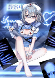 1girl absurdres alternate_costume baba_kirika bikini blue_dress blush breasts closed_mouth clothing_cutout comiket_105 commentary_request crossed_ankles crossed_bangs dress drill_hair earclip feet full_body grey_eyes grey_hair hair_between_eyes hat heart_cutout highres holding honkai:_star_rail honkai_(series) indoors knee_up long_hair looking_at_viewer micro_bikini no_pants no_shoes nurse nurse_cap see-through_clothes see-through_thighhighs short_sleeves silver_wolf_(honkai:_star_rail) sitting small_breasts smile solo sweatdrop swimsuit thighhighs toes white_thighhighs x-ray_film