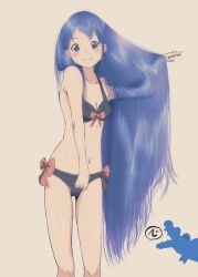 1girl alligator berukuto_(berukuto_47) bikini black_bikini blue_eyes blue_hair breasts commentary_request cosplay crocodilian feet_out_of_frame front-tie_bikini_top front-tie_top grey_background highres kantai_collection long_hair one-hour_drawing_challenge samidare_(kancolle) side-tie_bikini_bottom simple_background small_breasts smile solo swimsuit very_long_hair yuubari_(kancolle) yuubari_(kancolle)_(cosplay) yuubari_kai_ni_(kancolle) yuubari_kai_ni_(kancolle)_(cosplay) yuubari_kai_ni_(swimsuit)_(kancolle)