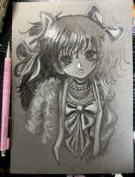 1girl absurdres aegyo_sal bow coat expressionless fur_coat hair_bow highres hwitmsikt jewelry long_hair looking_at_viewer monochrome necklace original parted_lips pearl_necklace photo_(medium) solo traditional_media upper_body