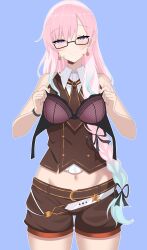 1girl absurdres airani_iofifteen airani_iofifteen_(military_casual) bare_arms bare_shoulders belt blue_background blue_hair blush bra braid brown_necktie brown_shorts brown_vest buttons closed_mouth collared_shirt commentary commission cowboy_shot crescent crescent_earrings cropped_shirt cropped_vest double-breasted earrings english_commentary glasses gold_trim gradient_hair groin hair_over_shoulder highres holding holding_bra holding_underwear holding_unworn_clothes hololive hololive_indonesia jewelry long_hair long_sidelocks looking_at_viewer mas_ans midriff_peek multicolored_hair navel necktie no_headwear no_jacket official_alternate_costume official_alternate_hairstyle outline paint_splatter paint_splatter_on_face pink_hair purple_eyes second-party_source seductive_smile semi-rimless_eyewear shirt short_necktie short_shorts shorts side_braid sidelocks simple_background sleeveless sleeveless_shirt smile solo star_(symbol) star_in_eye straight-on swept_bangs symbol_in_eye underwear unworn_bra very_long_hair vest virtual_youtuber white_belt white_outline white_shirt wristband