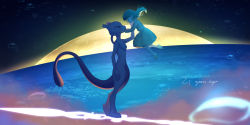 1girl amber_(pokemon) ambertwo_(pokemon) dress full_moon gen_1_pokemon green_hair hands_on_another&#039;s_face highres legendary_pokemon long_hair looking_at_another mewtwo mikko_(mim_mikko) moon night night_sky nintendo pokemon pokemon:_the_first_movie_-_mewtwo_strikes_back pokemon_(anime) pokemon_(classic_anime) pokemon_(creature) sky
