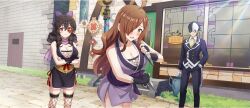 Rule 34 | 1boy, 2girls, ahoge, arue (konosuba), ascot, black gloves, black hair, black kimono, black pants, black suit, blush, bow, breasts, brick wall, brown hair, buttons, cleavage, crossed arms, day, dot nose, double-breasted, double-parted bangs, drill hair, embarrassed, eye mask, eyepatch, fingerless gloves, fishnet thighhighs, fishnets, formal clothes, game cg, gloves, hair bow, hair over one eye, hand in pocket, highres, holding, holding kunai, holding weapon, japanese clothes, kimono, kono subarashii sekai ni shukufuku wo!, konosuba! fantastic days, kunai, lantern, large bow, large breasts, long hair, looking at viewer, multiple girls, ninja, official art, open mouth, outdoors, pants, purple bow, purple kimono, purple scarf, red eyes, scarf, side slit, sign, sleeveless, sleeveless kimono, smile, stone walkway, storefront, suit, sunlight, thighhighs, third-party source, vanir, weapon, white gloves, wiz (konosuba), wooden door, yellow ascot, yellow eyes