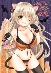 1girl animal_ears basket bat_(animal) blonde_hair blush bow breasts camisole candy cat_ears cat_tail cleavage food gloves grin groin hair_bow hair_ornament halloween halterneck highres holding holding_basket jack-o&#039;-lantern jack-o&#039;-lantern_hair_ornament kkurumi large_breasts lingerie long_hair microskirt navel one_eye_closed original panties paw_pose see-through_clothes see-through_skirt silk skirt smile solo spider_web tail thighhighs trick_or_treat two_side_up underwear very_long_hair yellow_eyes