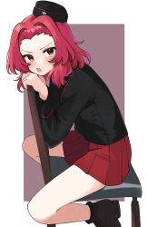 Rule 34 | 1girl, absurdres, alternate costume, black footwear, black hat, black jacket, blush, chair, fang, frown, garrison cap, girls und panzer, hat, highres, jacket, kuromorimine military uniform, looking at viewer, miniskirt, red hair, red skirt, rosehip (girls und panzer), short hair, sitting, sitting backwards, skirt, yellow eyes, zono (inokura syuzo029)
