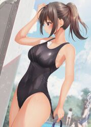 Rule 34 | 3girls, adjusting clothes, adjusting swimsuit, black one-piece swimsuit, blue sky, breasts, brown eyes, brown hair, cloud, commentary request, competition swimsuit, covered navel, cowboy shot, day, dutch angle, highleg, highleg one-piece swimsuit, highres, long hair, medium breasts, minato ojitan, multiple girls, one-piece swimsuit, original, outdoors, ponytail, revision, shower (place), sky, solo focus, swimsuit, tan, tanline, wet, wet clothes, wet swimsuit