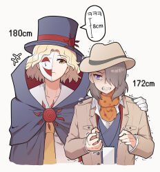 Rule 34 | 2boys, absurdres, black cloak, black hair, black hat, black vest, blonde hair, brown hat, brown jacket, charlotte3120, clenched teeth, cloak, cropped torso, danganronpa another, expressionless, gloves, hair over one eye, half mask, hat, high collar, highres, jacket, male focus, mask, multiple boys, necktie, notepad, open clothes, open jacket, orange scarf, polka dot, polka dot scarf, purple eyes, sannoji mikado, scarf, shirt, short hair, simple background, super danganronpa another 2, teeth, top hat, vest, white background, white gloves, white shirt, yellow eyes, yellow necktie, yomiuri nikei