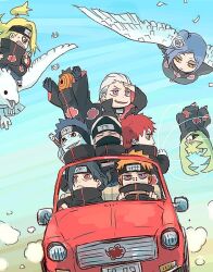 Rule 34 | 1girl, 6+boys, akatsuki (naruto), akatsuki uniform, anger vein, black hair, blonde hair, blue hair, deidara (naruto), driving, gloves, hidan (naruto), hoshigaki kisame, kakuzu (naruto), konan (naruto), long hair, looking at another, meitarou, motor vehicle, multiple boys, naruto (series), naruto shippuuden, pain (naruto), paper, red hair, rinnegan, sasori (naruto), short hair, sitting, smile, tobi (naruto), uchiha itachi, uchiha obito, wings, zetsu (naruto)
