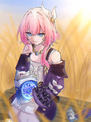 bare_shoulders blue_eyes book commentary_request cyrene_(honkai:_star_rail) dress hair_ribbon holding holding_book honkai:_star_rail honkai_(series) jewelry long_hair long_sleeves necklace off-shoulder_dress off_shoulder partial_commentary pink_hair purple_dress ribbon rone_(pfgp8747) sitting white_ribbon