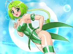 1girl asu_(hengaya) blue_background blush breasts bubble choker cowboy_shot detached_sleeves green_choker green_eyes green_hair highleg large_breasts leotard long_hair looking_at_viewer magical_girl medium_hair mew_lettuce midorikawa_lettuce open_mouth puffy_detached_sleeves puffy_sleeves showgirl_skirt smile solo sparkle_background strapless tokyo_mew_mew