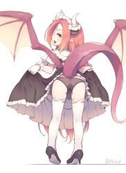 1girl black_panties clothes_lift dragon_girl dragon_tail dragon_wings high_heels highres iris_mysteria! maid moroheiya_(takushiage) panties red_hair sharon_oliva skirt skirt_lift tail underwear wings yellow_eyes