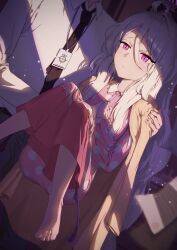 Rule 34 | 1girl, absurdres, ahoge, awakari, black halo, blue archive, blush, breasts, demon girl, demon horns, demon wings, halo, highres, hina (blue archive), hina (pajamas) (blue archive), horns, indoors, jacket, long hair, lying, night, pajamas, pink pajamas, polka dot, polka dot pajamas, purple eyes, sensei (blue archive), small breasts, white hair, wings, yellow jacket
