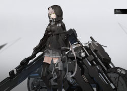 Rule 34 | 1girl, black gloves, black thighhighs, breasts, cloak, female focus, gloves, gradient background, green eyes, grey hair, heavily armed high school girls, highres, holding, holding weapon, holster, hood, hood up, hooded cloak, ichi (heavily armed high school girls), ichi (neco), ichi another (heavily armed high school girls), medium breasts, motor vehicle, motorcycle, neco, original, pleated skirt, short hair, skirt, solo, standing, thigh holster, thighhighs, weapon