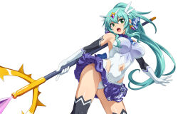 1girl :o aqua_hair back_bow black_thighhighs blue_bow blue_ribbon bow breasts clothing_cutout contrapposto cowboy_shot elbow_gloves gloves green_eyes hair_ornament hair_ribbon holding holding_staff impossible_clothes impossible_leotard large_breasts legs_apart leotard long_hair looking_at_viewer magical_girl miniskirt nanashino navel_cutout open_mouth original paid_reward_available ponytail purple_skirt ribbon sidelocks simple_background skirt solo staff thighhighs white_background white_gloves white_leotard