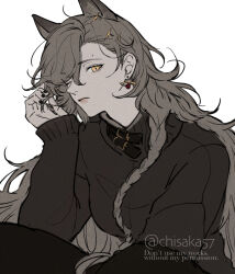 1girl ahoge arknights black_nails braid breasts closed_mouth commentary earrings expressionless extra_ears grey_hair grey_sweater hair_ornament hair_over_one_eye hand_up jewelry long_hair long_sleeves looking_at_viewer medium_breasts mole mole_on_forehead nose official_alternate_costume one_eye_closed parted_bangs penance_(arknights) penance_(occasionally_flushed)_(arknights) pink_lips simple_background solo spot_color sweater tail twitter_username very_long_hair watermark wh1tecookie white_background wolf_tail yellow_eyes