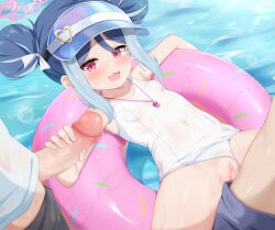 1girl 2boys :3 absurdres blue_archive breasts clothing_aside commentary covered_navel donut_innertube double_bun fubuki_(blue_archive) fubuki_(swimsuit)_(blue_archive) group_sex hair_bun handjob highres loli mmf_threesome multiple_boys myuchiron official_alternate_costume one-piece_swimsuit open_mouth paid_reward_available penis pink_eyes sex small_breasts small_penis swimsuit swimsuit_aside threesome vaginal visor_cap whistle whistle_around_neck white_one-piece_swimsuit
