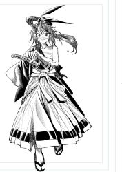 1girl chest_sarashi hair_ribbon holding holding_sword holding_weapon isekai_samurai japanese_clothes katana long_hair looking_at_viewer official_art ribbon saitou1218 samurai sandals sarashi scar scar_on_face scar_on_nose sheath sheathed smile solo sword tsukitsuba_ginko weapon